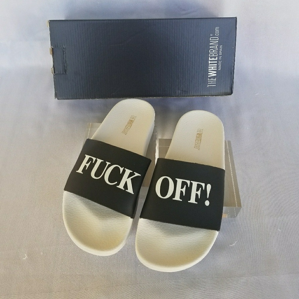 NWT The White Brand Fuck Off Black/White Slides